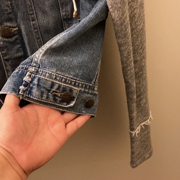 FREE PEOPLE Knit Sweatshirt Hooded Denim Jacket - Picture 7 of 12